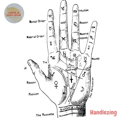 Zwart-wit illustratie van een handpalm met astrologische symbolen en handlijnen, gebruikt voor handlezen en chiromantie.