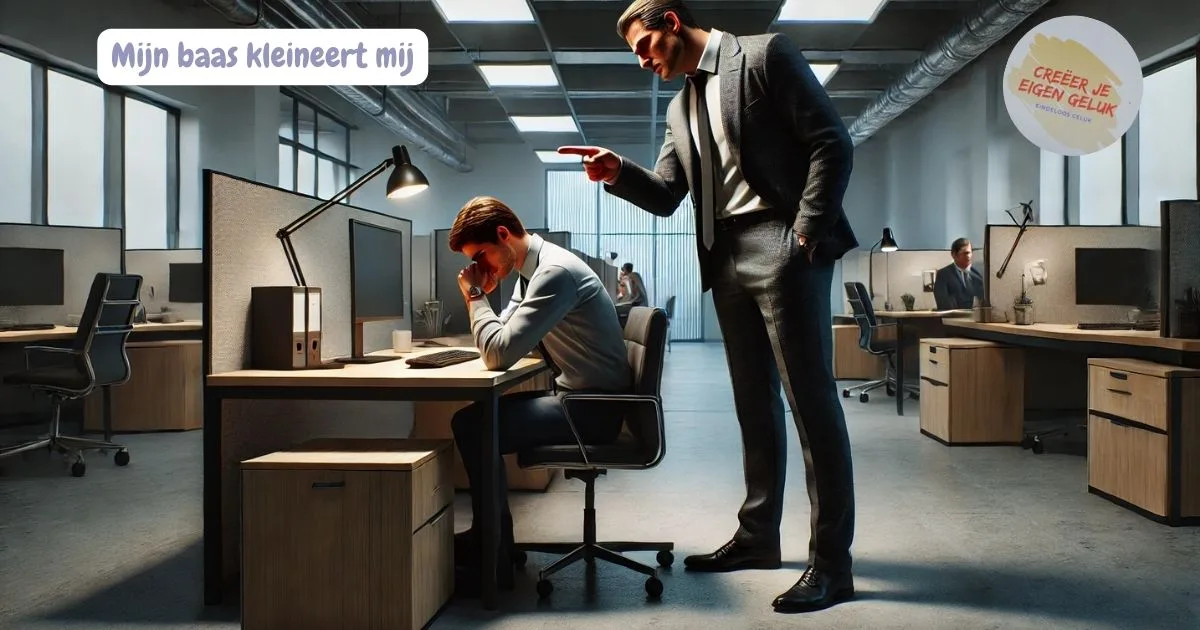 Baas staat dominant boven een zittende medewerker in een kantoorruimte en wijst beschuldigend, terwijl de medewerker met het hoofd in de handen zit – beeld van intimidatie op de werkvloer