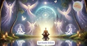 Een mediterend persoon omringd door lichtwezens, engelen en vlinders aan de oever van een stille vijver – een sereen tafereel dat de aanwezigheid van spirituele gidsen verbeeldt.
