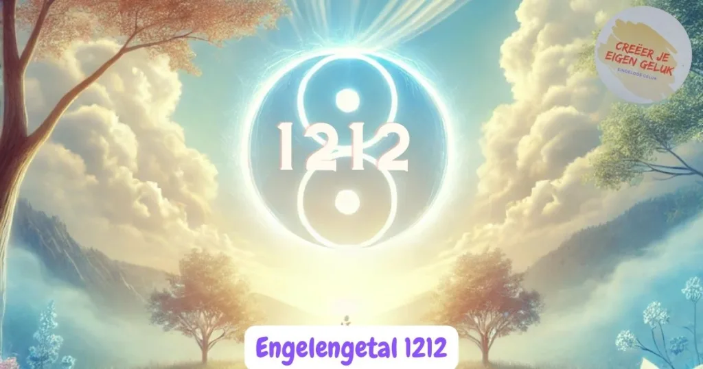 Lichtgevende spirituele afbeelding met het getal 1212 in een hemels landschap, omringd door bomen, zonnestralen en de symboliek van balans en harmonie.