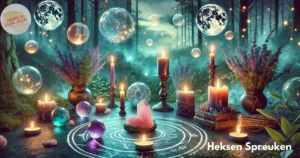 Magische heksenkring met kaarsen, kristallen en volle maan in een mystiek bos