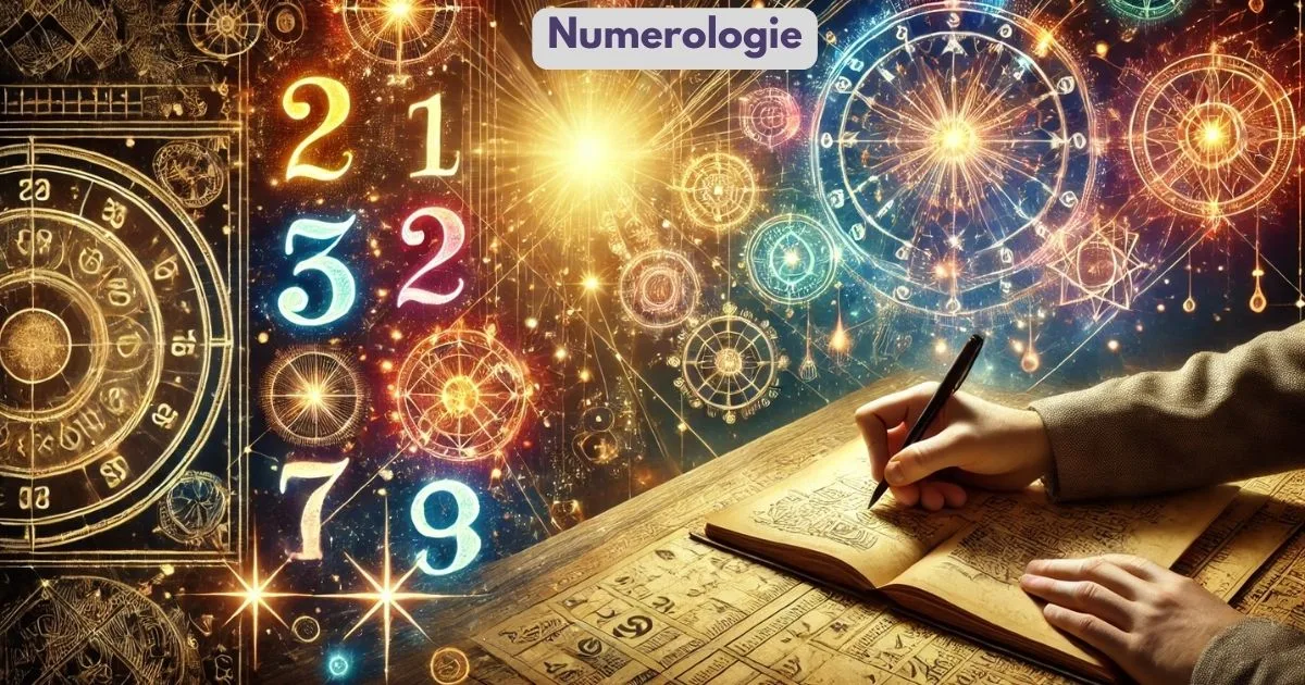 Afbeelding van een hand die in een oud numerologie boek schrijft, met kleurrijke getallen en astrologische symbolen op de achtergrond.