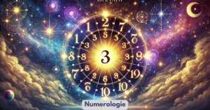Een magische afbeelding van een stralende numerologiewijzer met getallen 1 t/m 9 in een cirkel, omgeven door een sterrenhemel en spirituele symbolen. In het midden staat het getal 3.