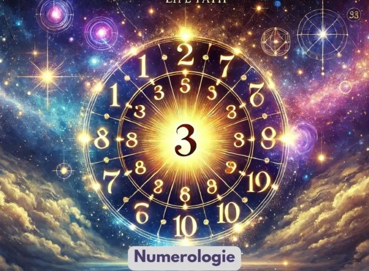 Een magische afbeelding van een stralende numerologiewijzer met getallen 1 t/m 9 in een cirkel, omgeven door een sterrenhemel en spirituele symbolen. In het midden staat het getal 3.