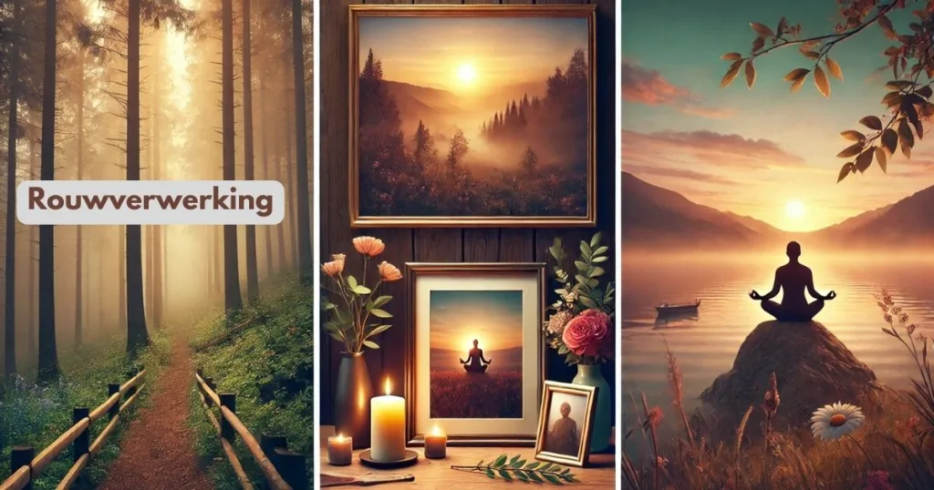 Collage met drie beelden: bospad bij zonsopgang, herdenkingshoek met kaarsen en mediterend persoon aan het water
