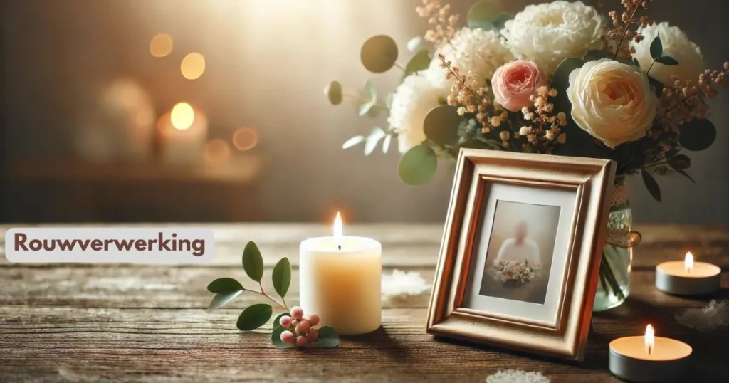 Kaarsen en bloemen bij een ingelijste foto als symbool voor rouw en herinnering