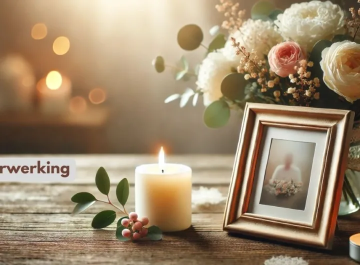 Kaarsen en bloemen bij een ingelijste foto als symbool voor rouw en herinnering