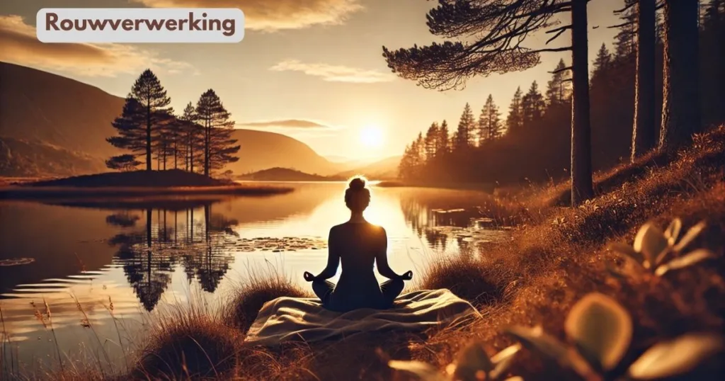 Persoon in meditatiehouding aan het water bij zonsondergang als symbool voor rouwverwerking en innerlijke rust